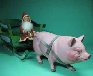 RARE ANTIQUE PAPERMACHE SANTA WITH PIG SLED CHRISTMAS GIFT MADE IN GERMANY 1940 3