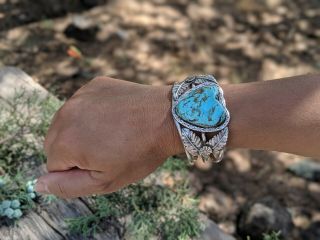 Navajo Cuff Bracelet Rare Large Kingman Turquoise Signed By Artist Nelson Yazzie