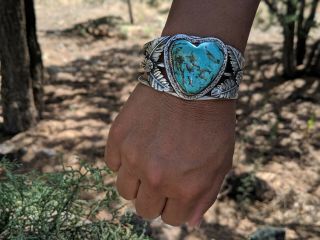 NAVAJO Cuff Bracelet RARE Large Kingman Turquoise Signed by Artist Nelson Yazzie 3