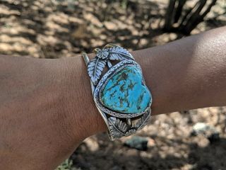 NAVAJO Cuff Bracelet RARE Large Kingman Turquoise Signed by Artist Nelson Yazzie 4