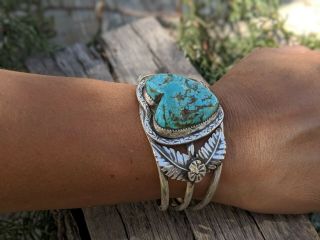 NAVAJO Cuff Bracelet RARE Large Kingman Turquoise Signed by Artist Nelson Yazzie 6