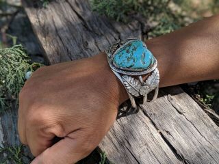 NAVAJO Cuff Bracelet RARE Large Kingman Turquoise Signed by Artist Nelson Yazzie 7