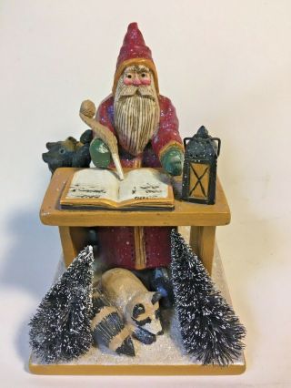 Rare Pam Schifferl Folk Art Santa Desk Bear Racoon Christmas List Glitter 4.  5 "