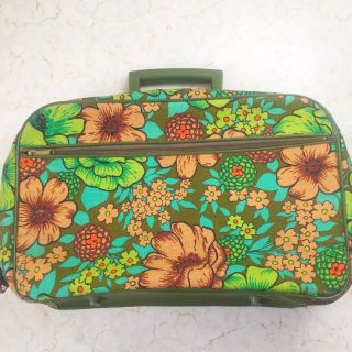 Vintage Retro Mod Floral Green Travel Suitcase Luggage Travel Case Carry On