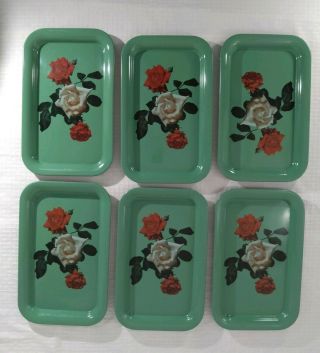 6 Vintage Metal Tv Serving Trays Green Red Yellow Roses Collectible Mid Century