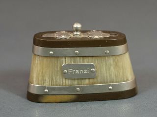 1870 Antique German Turned Horn Metal Bandages Banded Cask Snuff Box Mull Barrel