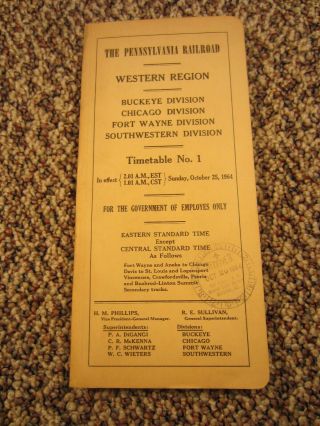 Pennsylvania Railroad Prr Western Region Employee Timetable No.  1,  Oct 25,  1964