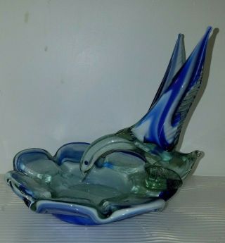 Ashtray Art Glass Slag Cobalt Blue & White Bird Large - Possibly Murano