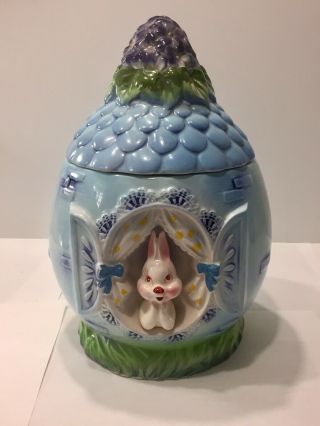 Vintage Lefton Cookie Jar Japan Blue Purple Flowers White Bunny Rabbit 3d 9”