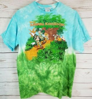 Disney Parks Animal Kingdom Tree T - Shirt Mickey Goofy & Gang Tye Dye Blue/grn M