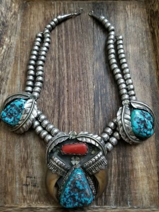 Navajo Native American Sterling Silver Faux Bear Claw Kingman Turquoise Necklace