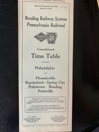 Reading Railway/prr Pennsylvania Railroad Philadelphia Pottsville 1937 Timetable