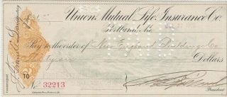 Union Mutual Life Insurance Co Bank Check - Revenue Stamped Paper 1900 Portland