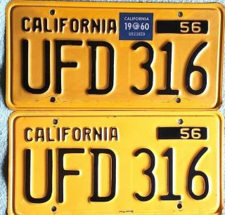 1956 - 1962 California License Plates Set Black On Yellow With 1960 Orig.  Tag