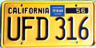 1956 - 1962 California License Plates Set Black on Yellow with 1960 Orig.  Tag 2