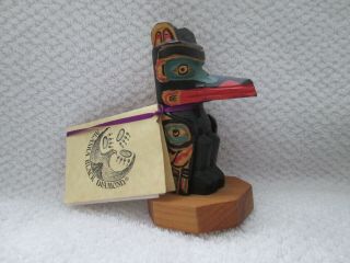 Alaska Black Diamond Wooden Totem Pole W/ Tag Legend Of The Sun And Raven 4 3/4 "