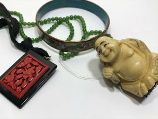 Vtg Chinese Resin Netsuke Enamel Bangle Cinnabar Style Necklace Pendant