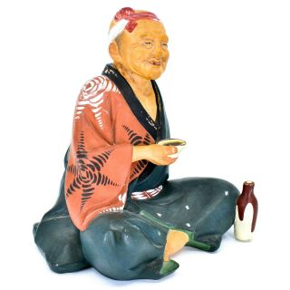 Vintage Hakata Urasaki Dolls Seated Man with Sake Drink or Soup Bowl Clay Figure 4