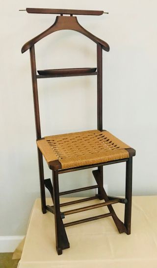 Vtg Italian Wood Valet Butler Folding Chair Woven Rope Seat Mid Century Mcm