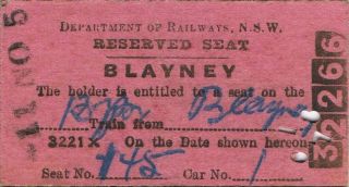 Railway Tickets Nswgr Blayney Seat Reservation 1957