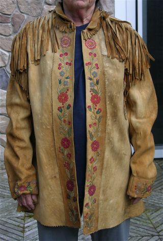 1880s Native American Plains Cree Indian Embroidery Decorated Hide Jacket / Coat