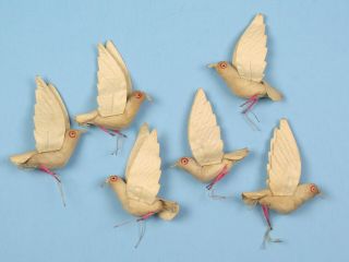 6 Vintage White Flying Birds Spun Cotton Doves Made In Japan Box