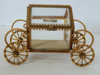 Vtg Stylebuilt Gold Ormolu Beveled Glass Coach Carriage Trinket Jewelry Box 24k