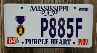 Nos Mississippi " Purple Heart " License Plate