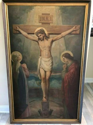 Very Rare Large Antique Carmelite Nuns Convent Crucifixion Painting 70 "