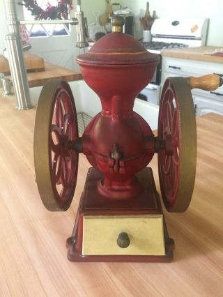 Rare Vintage John Wright Coffee ☕️ Mill Grinder Cast Iron Red And Gold Euc