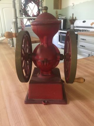 RARE Vintage JOHN WRIGHT Coffee ☕️ Mill Grinder Cast Iron Red And Gold EUC 3