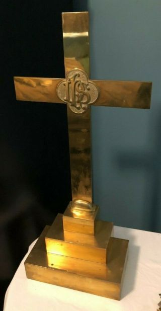 Glorious Large Antique Catholic Church Altar Gold Brass Cross W/ Ihs By Gorham