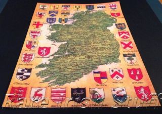 Map Of Ireland With Irish Celtic Last Names / Surnames & Crests Genealogy Print