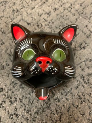 Vintage Ashtray Smoking Nose Black Cat Head 3” Red Nose