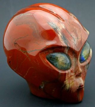 Magnificent Red Jasper Alien Head Art Sculpture Labradorite Eyes Crystal Healing