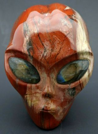 Magnificent Red JASPER ALIEN Head Art Sculpture LABRADORITE Eyes Crystal Healing 2