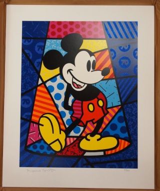S/o Romero Britto Spotlight Mickey Mouse Uf Hand - Signed Serigraph Art Disney