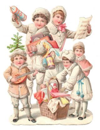 Antique Christmas Die Cut Scrap Children Toys Tree Guitar Basket Songsheet