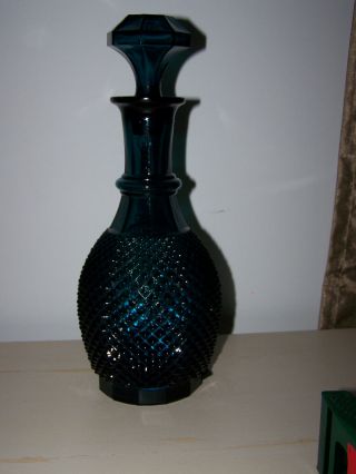 Vtg Mid Century Empoli Glass Decanter Diamond Cut Aqua Genie Bottle Italy 12.  5 "