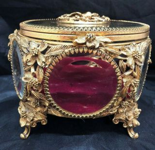 Matson 6 - Sided Beveled Glass Jewelry Casket Display Dogwood & Birds Ormolu Gold