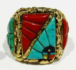 Large Signed Lee Mary Weebothee Zuni 14k Gold Turquoise Sunface Mans Ring 11.  5