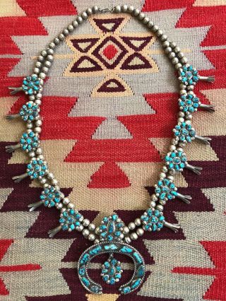The Best Navajo Old Pawn Squash Blossom Necklace Sterling Silver & Turquoise