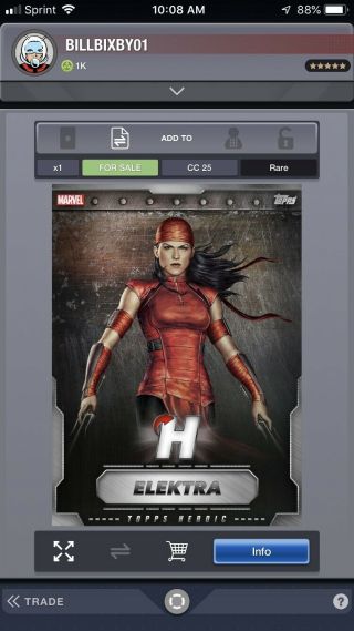 Topps Marvel Collect App - Elektra Heroic August 2019 Vip Silver Card