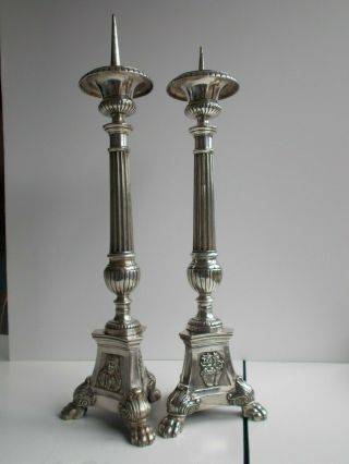 Pair Antique French Church Silver Plate Pricket Candlesticks Candelabra 19th C