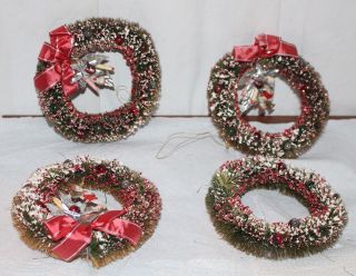 4 Decorated Green Bottle Brush Christmas Wreaths 5 - 1/4 " Dia Flocked With Glitter