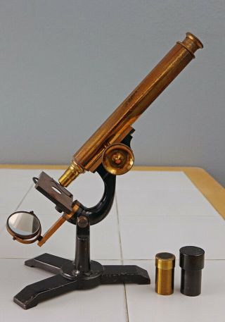 James W.  Queen & Co Antique Brass Double Pillar " Amateur " Microscope,  Circa 1890