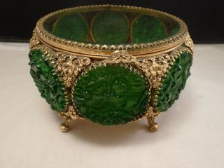 Vtg Stylebuilt Gilt Ormolu Filigree Jewelry Casket Box Faux Imperial Green Jade