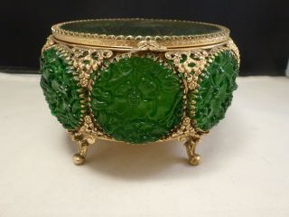 VTG STYLEBUILT Gilt Ormolu Filigree Jewelry Casket Box FAUX IMPERIAL GREEN JADE 2