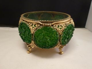 VTG STYLEBUILT Gilt Ormolu Filigree Jewelry Casket Box FAUX IMPERIAL GREEN JADE 6