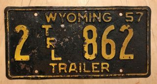 1957 Wyoming Trailer License Plate " 2 Trl 862 " Wy 57 Tr
